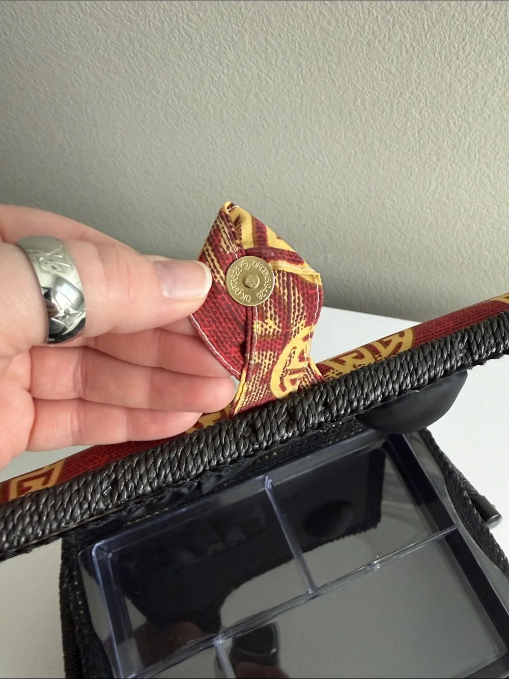 Decorative Red and Gold Fabric Jewelry Box with Black Trim